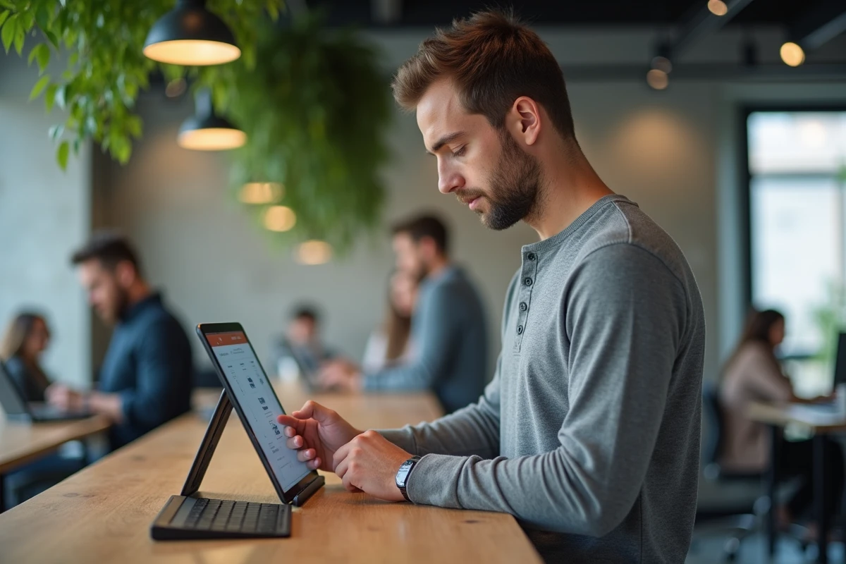 Jeune homme accédant à son espace client La Poste sur une tablette dans un espace de coworking moderne