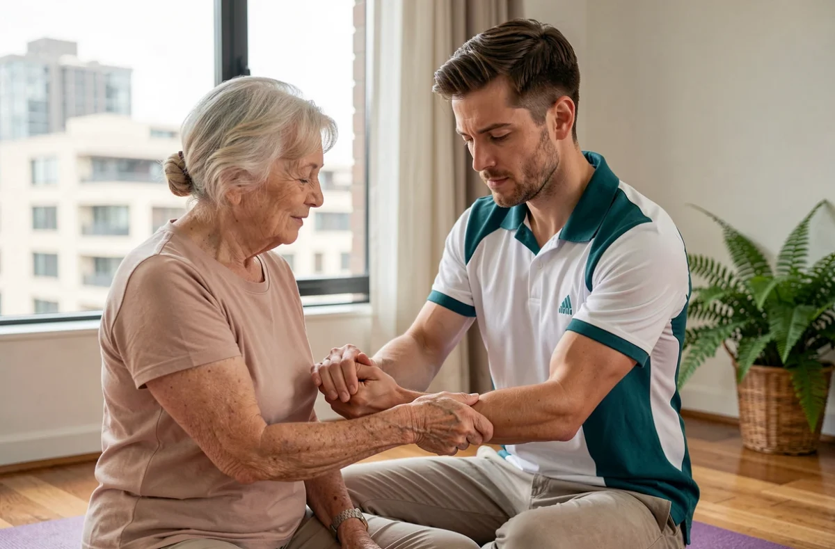 Intervenant Adhap Services Bordeaux guidant une personne âgée dans des exercices physiques adaptés à domicile