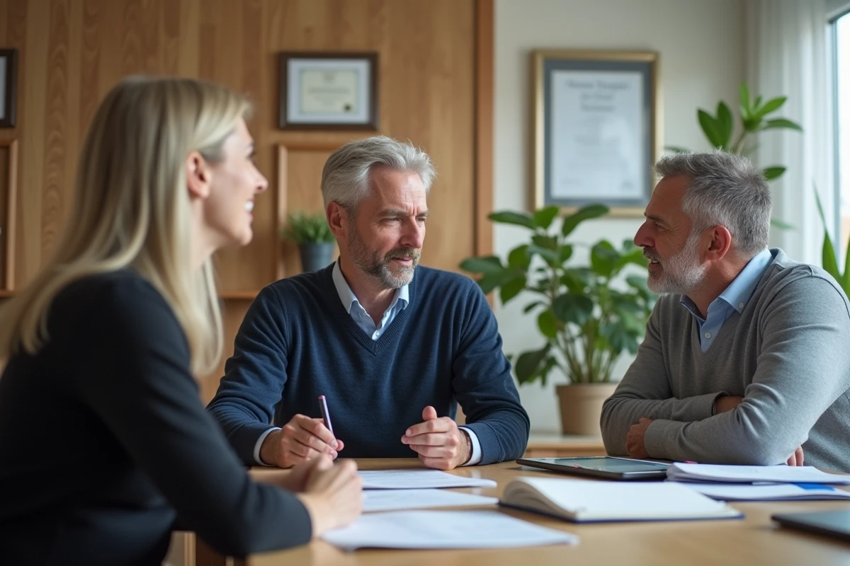 Administrateur ADMR discutant avec un couple au bureau