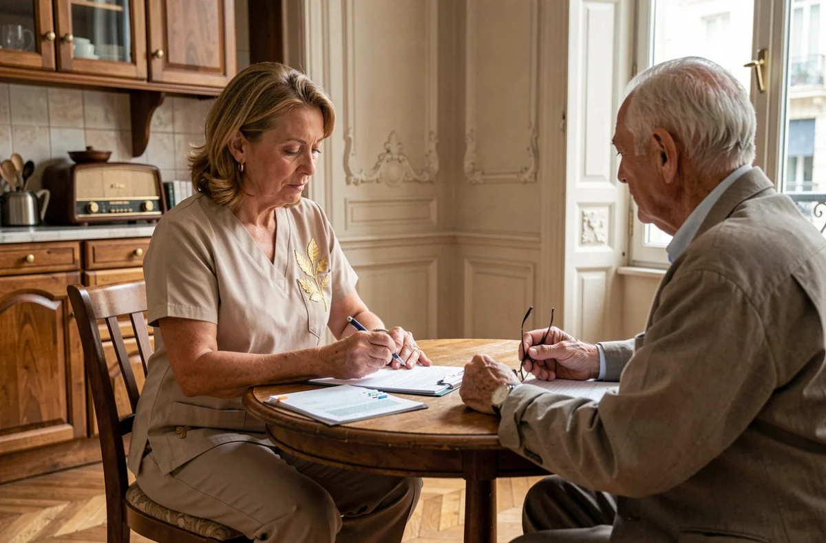 Soignante Âge d'Or Services Bordeaux examinant un planning de médicaments avec un senior dans un appartement haussmannien