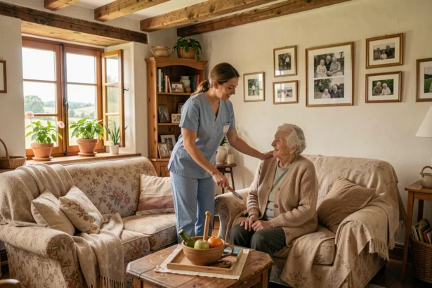 Auxiliaire de vie aidant une personne âgée dans une maison des Pays de la Loire, illustrant les services à la personne dans la région