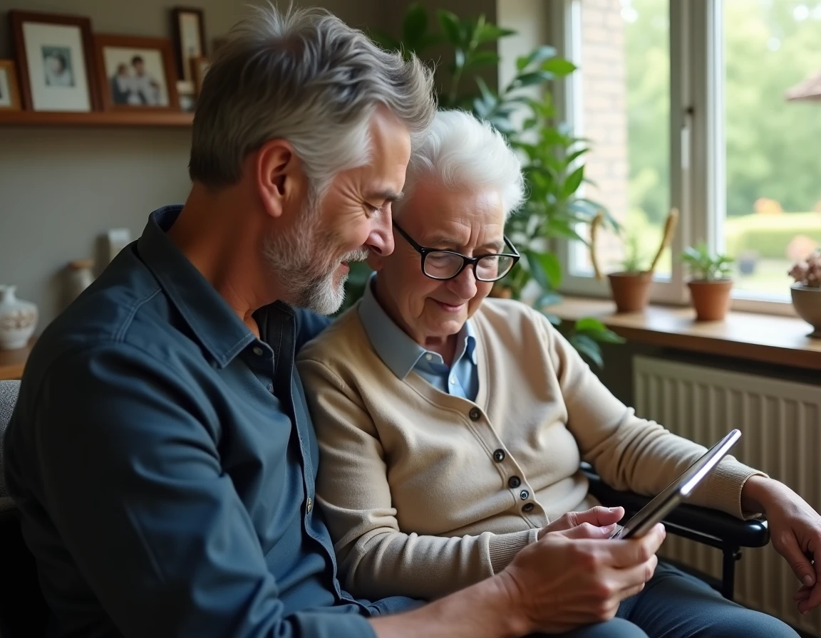 Fils aidant son parent âgé en fauteuil roulant avec une application d'aide à la tutelle sur tablette