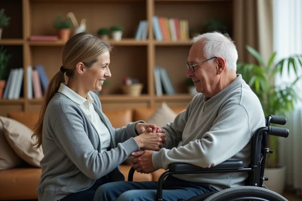Aidante familiale tenant la main d'un senior en fauteuil roulant dans un salon chaleureux, illustrant l'accompagnement au quotidien des personnes en perte d'autonomie