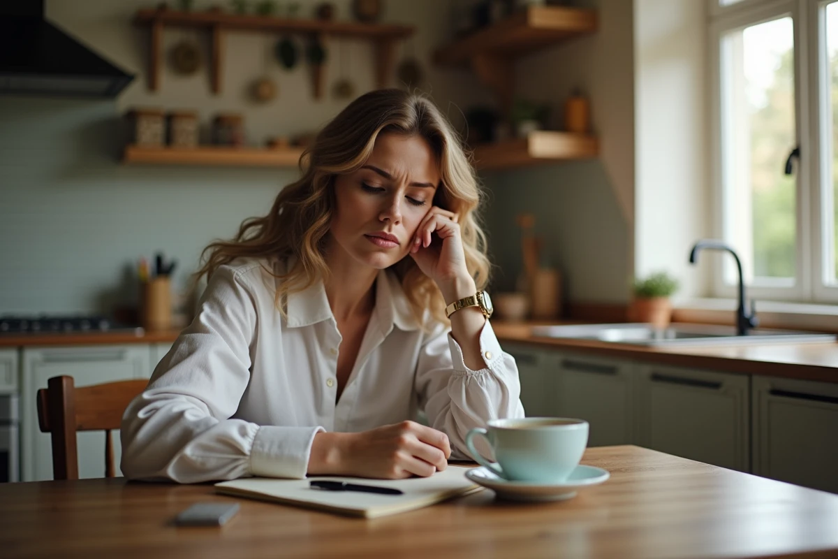 Aidante prenant une pause bien méritée autour d'une tasse de thé dans sa cuisine, illustrant l'importance du soutien psychologique et du repos pour les aidants