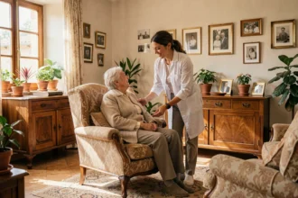 Aide à domicile en Nouvelle-Aquitaine : une auxiliaire de vie accompagne une personne âgée dans son salon