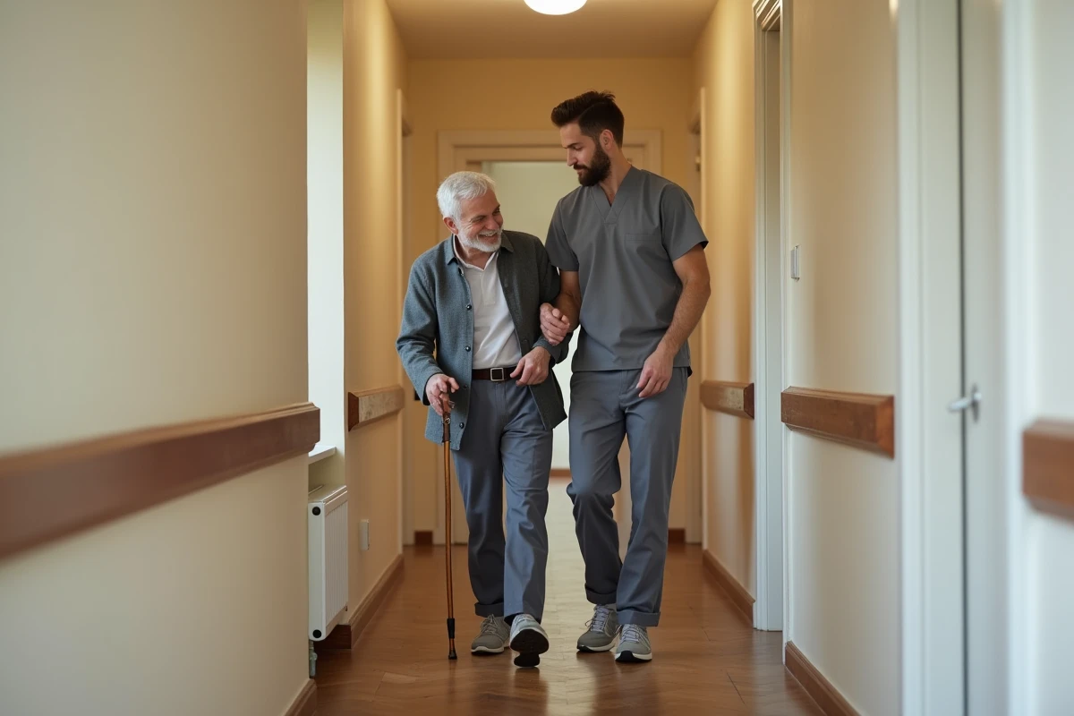 Professionnel de l'aide à domicile soutenant un senior dans un couloir d'appartement à Lille, comparatif services à la personne