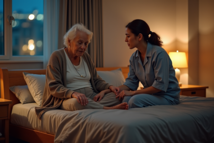 Femme aidant une personne agee dans sa chambre