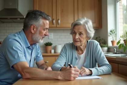 Femme âgée avec aidant révisant une liste dans la cuisine