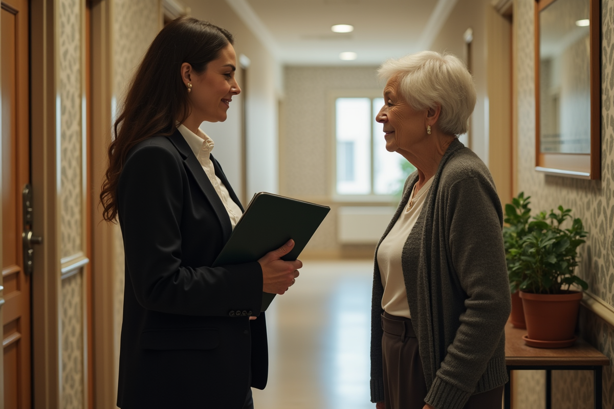 Assistante sociale parlant avec une femme âgée dans le hall