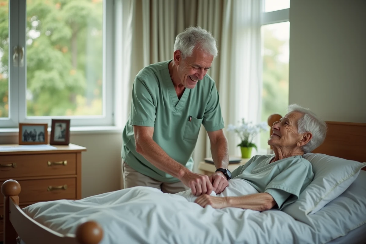 Aide-soignant arrangeant du linge dans une chambre d