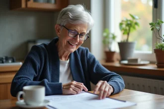 Aide-soignante retraitée consultant ses documents de pension à la table de sa cuisine