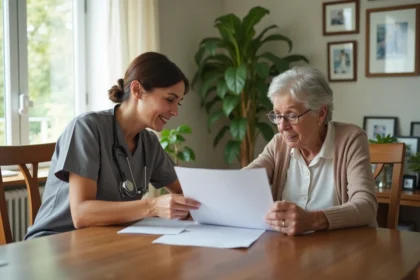 Aide-soignante aidant une personne âgée à lire des documents