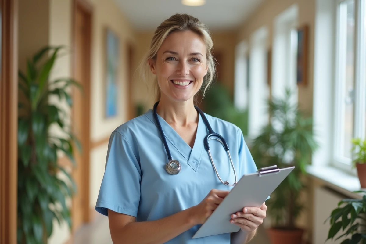 Aide-soignante souriante dans un couloir d'ehpad accueillant