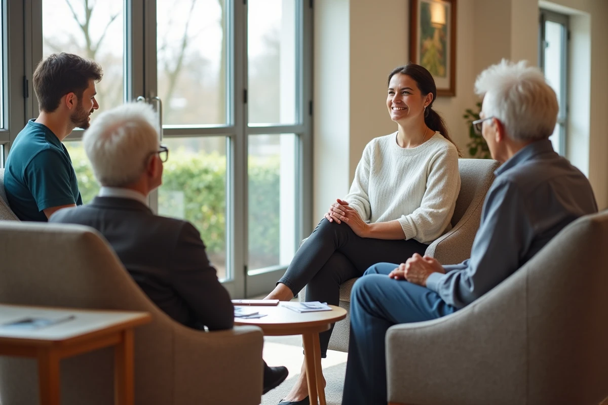 Aide sociale discutant avec un couple dans un salon