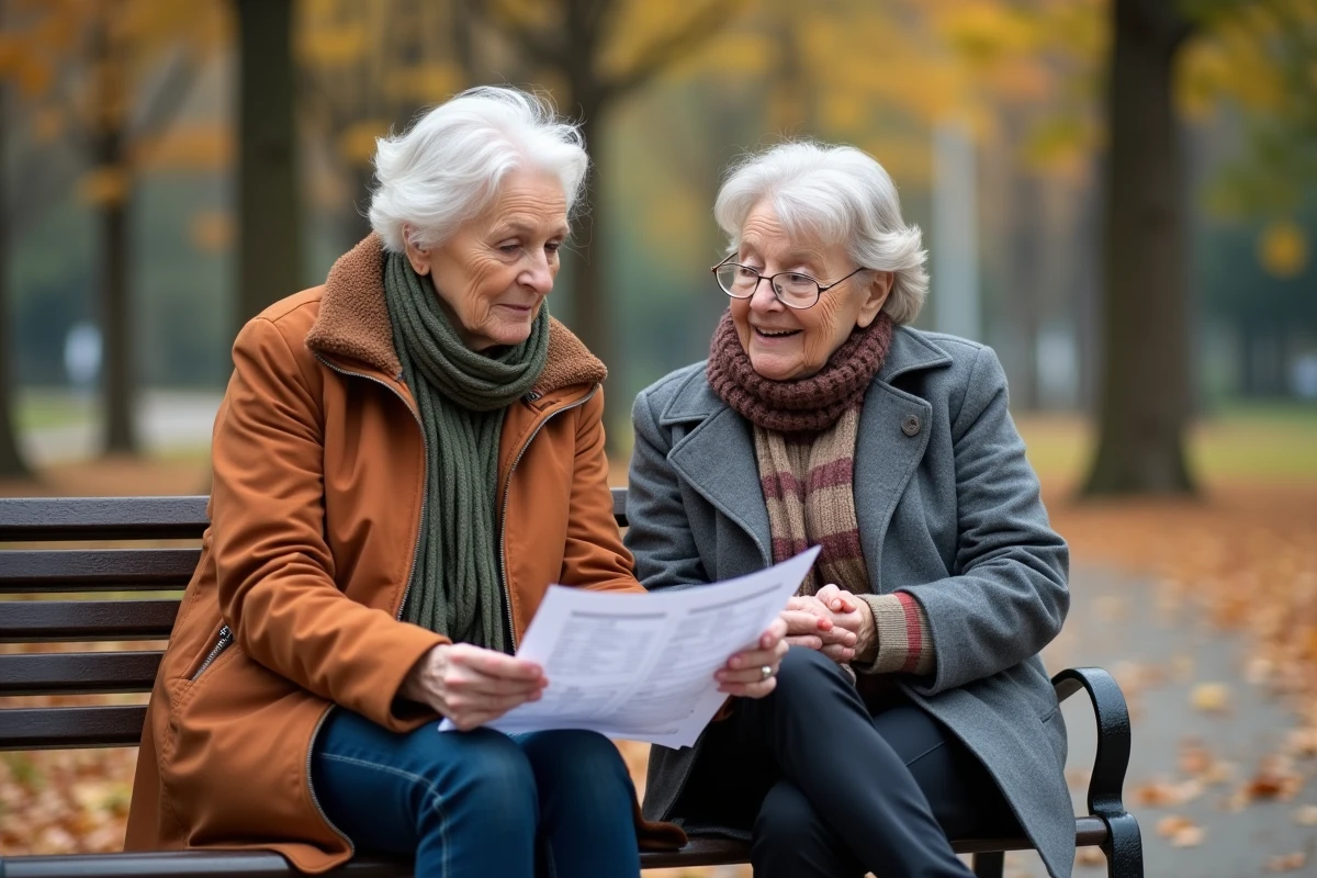 Deux aides-soignantes retraitées discutant du calcul de leur pension dans un parc en automne