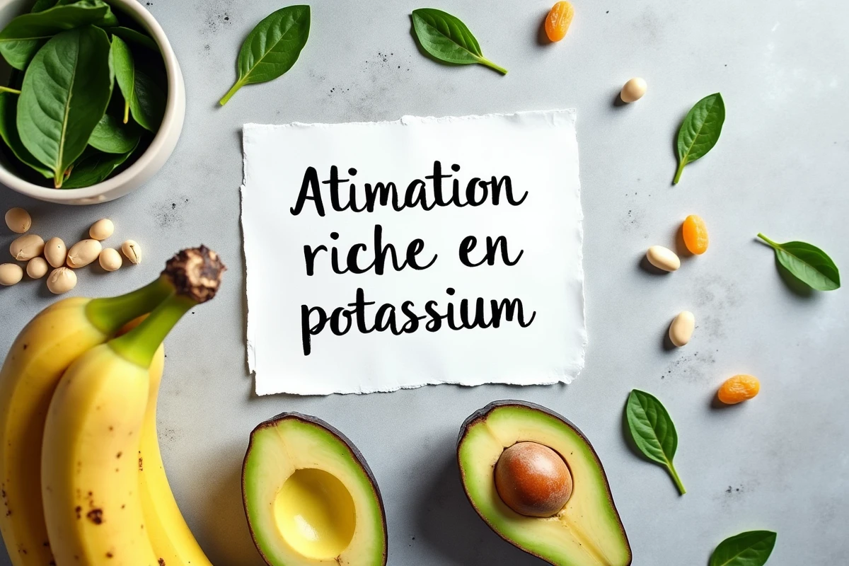 Aliments riches en potassium disposés en flat lay : bananes, avocat, épinards, haricots blancs et abricots secs