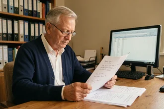 Ancien combattant à la retraite consultant des documents administratifs pour son simulateur retraite mutualiste
