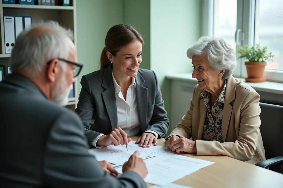 Assistante sociale présentant une évaluation GIR à un couple de personnes âgées dans un bureau des services sociaux pour expliquer le reste à charge en EHPAD
