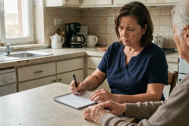 Auxiliaire de vie à domicile consultant des notes manuscrites dans une cuisine de particulier, illustrant les risques du travail informel non déclaré