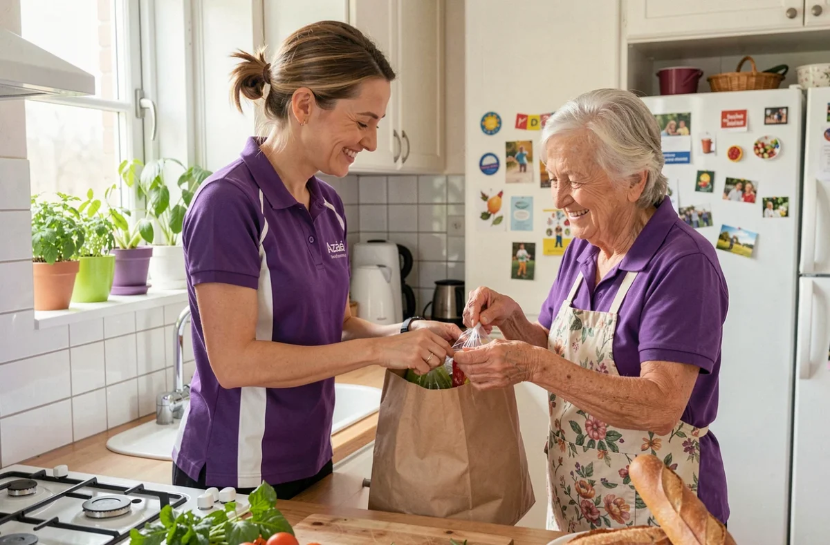 Intervenante Azaé aidant une personne âgée à ranger ses courses dans sa cuisine à domicile