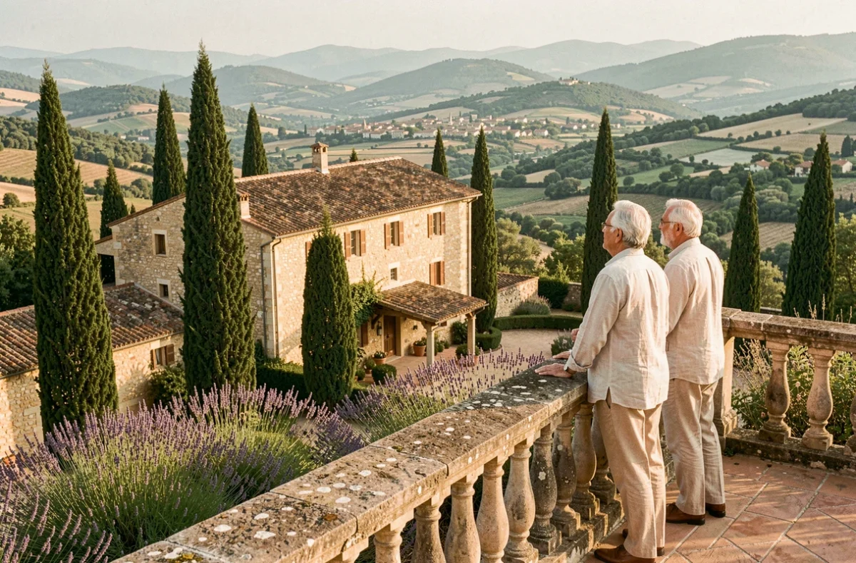 La Bastide des Cayrons à Vence avec couple de résidents sur la terrasse panoramique