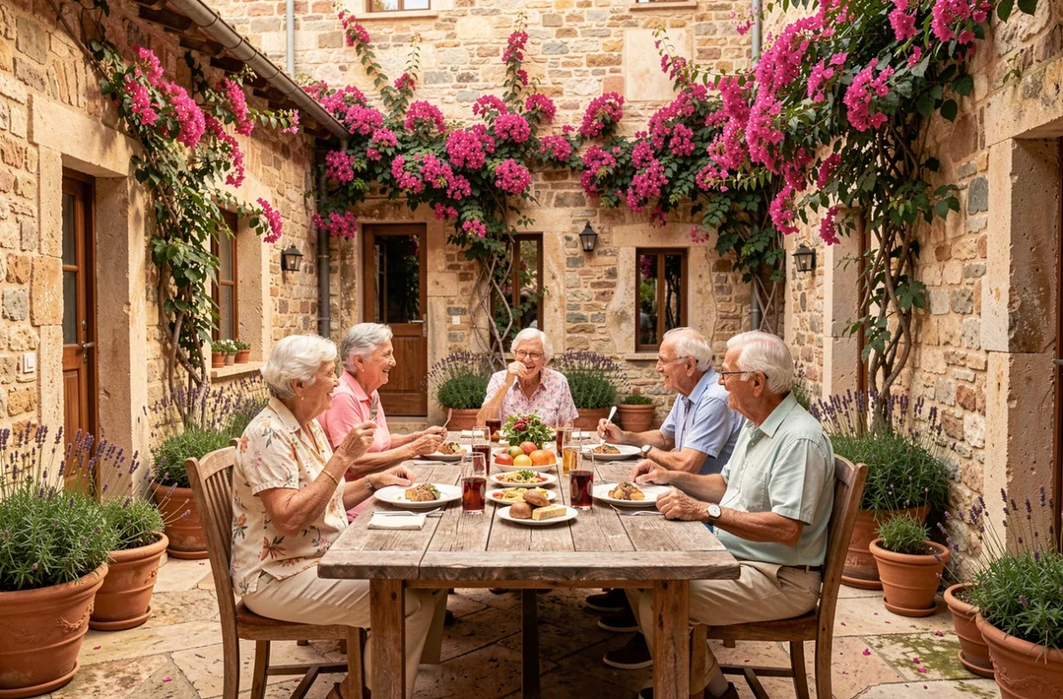 Cour provençale de La Bastide des Vignes à Grasse avec résidents partageant un repas en extérieur