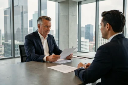 Cadre senior consultant en costume marine négociant des honoraires avec un partenaire dans une salle de réunion moderne avec vue sur la ville