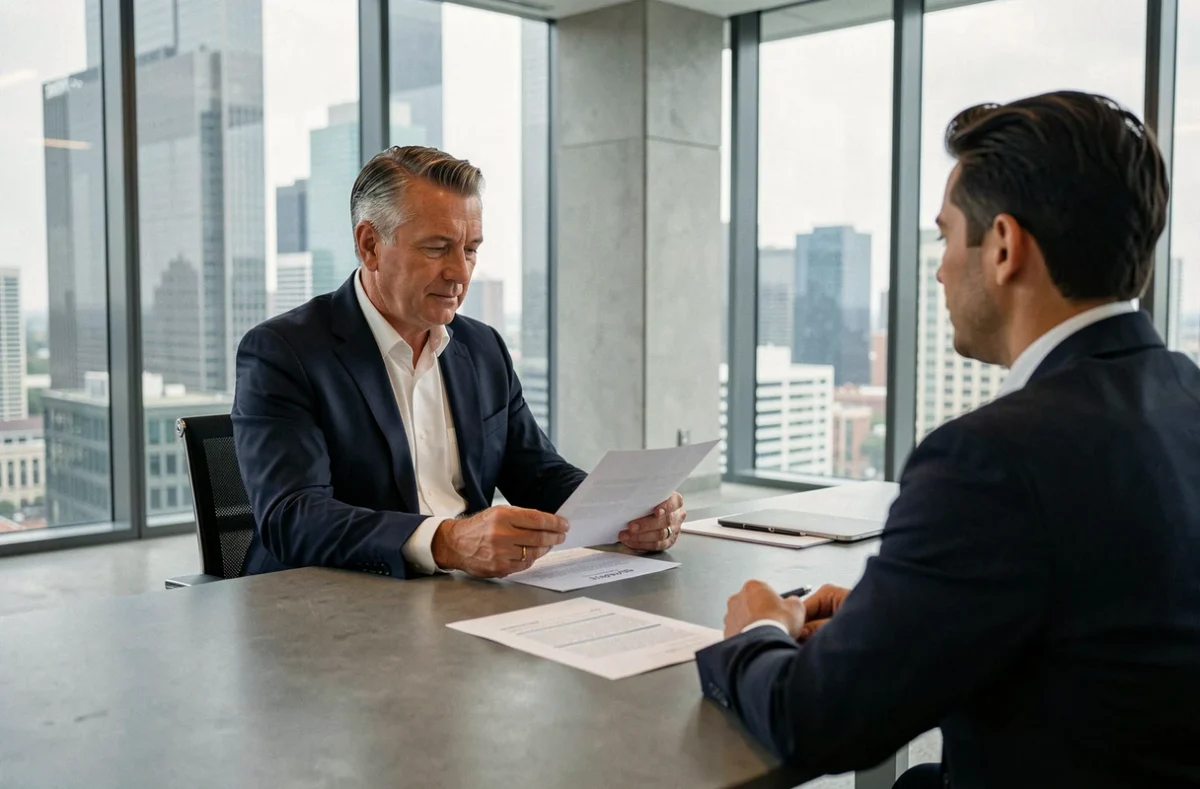 Cadre senior consultant en costume marine négociant des honoraires avec un partenaire dans une salle de réunion moderne avec vue sur la ville