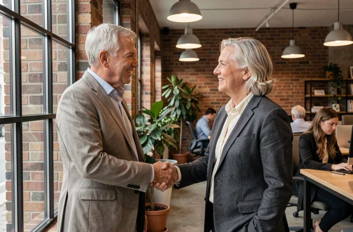 Deux cadres seniors se serrant la main après avoir conclu un accord d'honoraires de consulting dans un espace de coworking contemporain