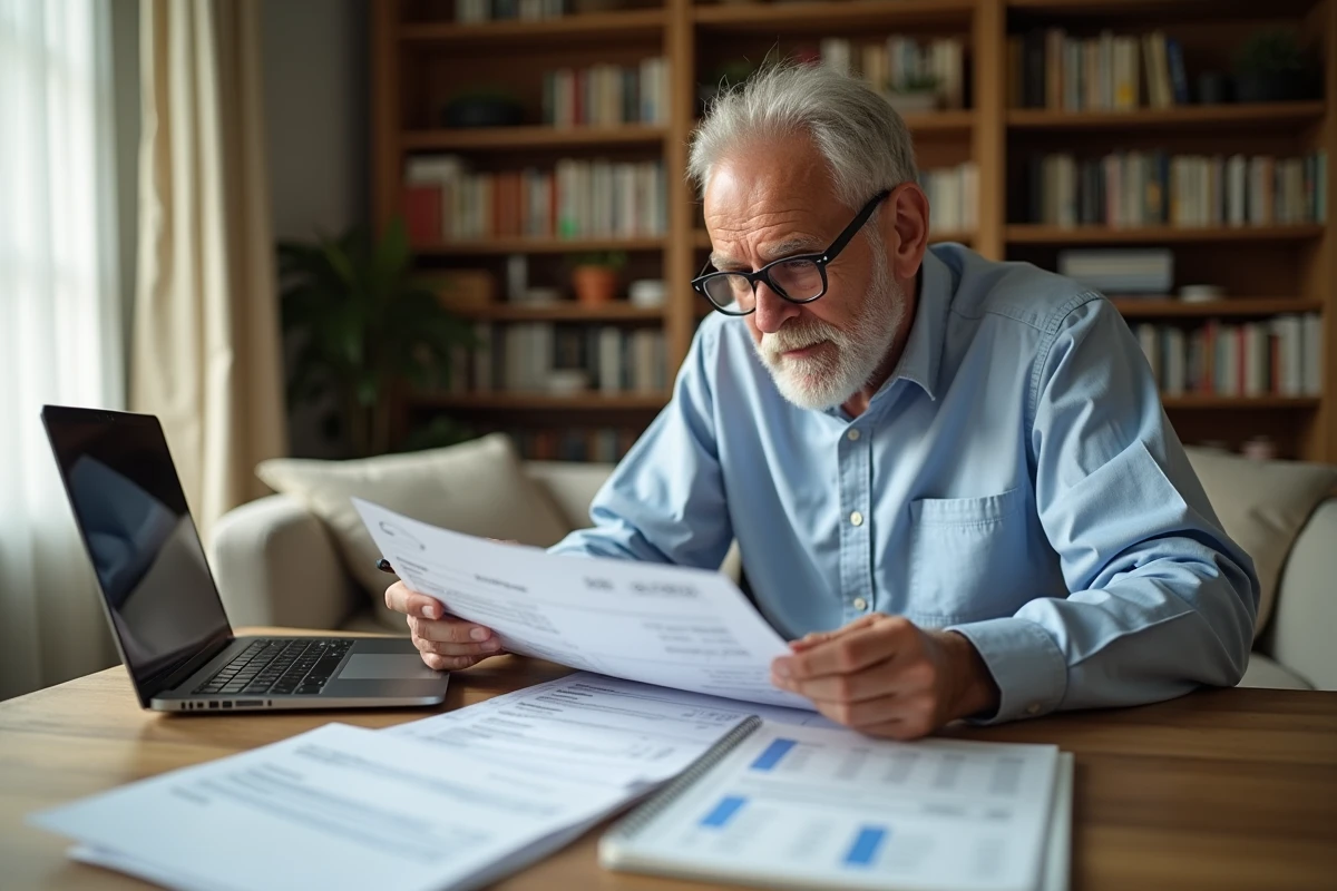 Homme calculant le budget et le reste à charge du portage de repas à domicile avec factures et ordinateur
