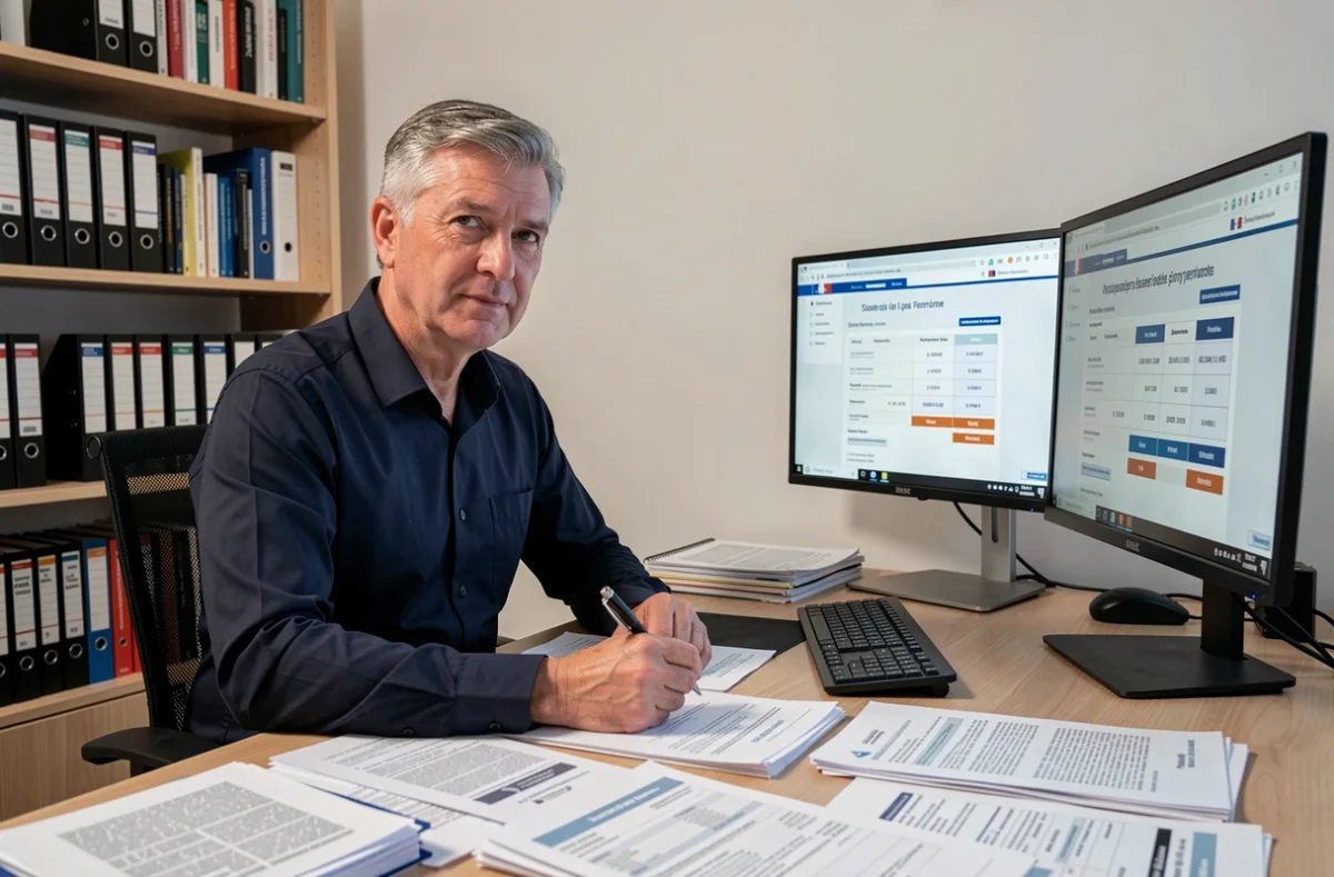 Homme calculant sa pension de réversion sur un simulateur en ligne avec des documents administratifs