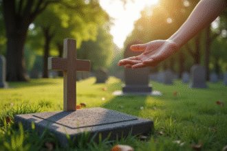 Cimetière paisible avec pierre et croix en bois