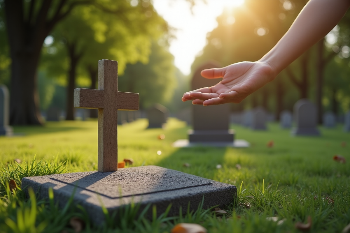 Cimetière paisible avec pierre et croix en bois
