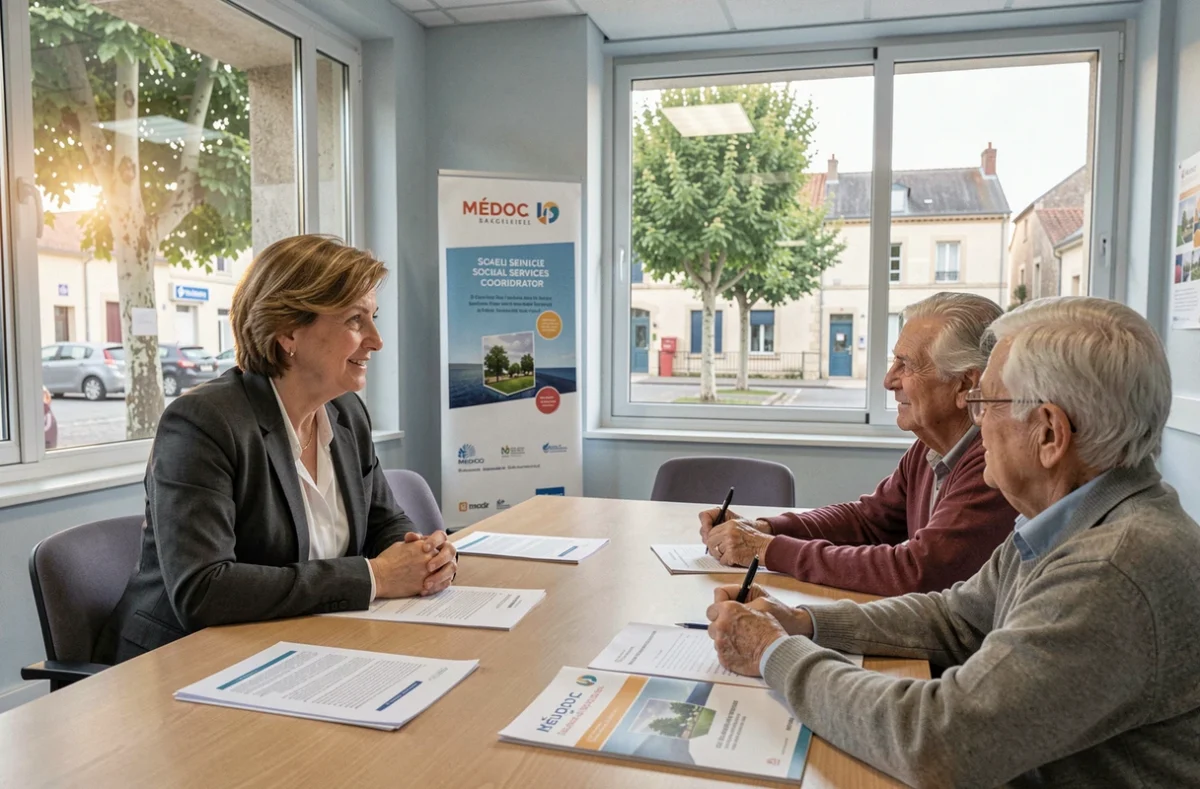 Coordinatrice du Centre Intercommunal d'Action Sociale du Médoc rencontrant un couple de seniors dans un bureau municipal