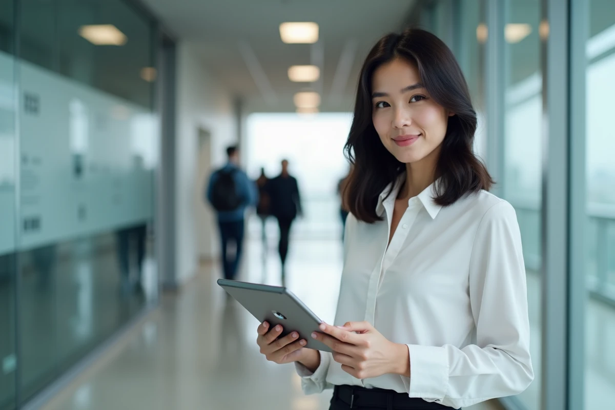 Femme professionnelle tenant une tablette avec interface de conformité RGPD dans les locaux d'une entreprise logistique