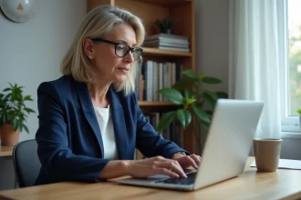 Femme utilisant un portail en ligne sécurisé de La Poste sur un ordinateur portable depuis son bureau à domicile