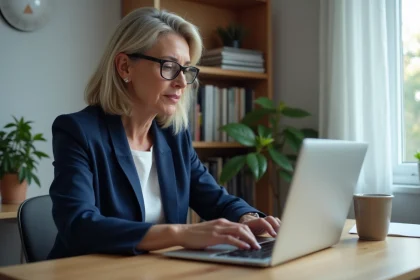 Femme utilisant un portail en ligne sécurisé de La Poste sur un ordinateur portable depuis son bureau à domicile