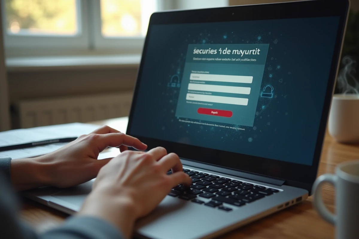 Mains tapant sur un clavier d'ordinateur portable avec écran affichant un portail de connexion sécurisé et protection des données
