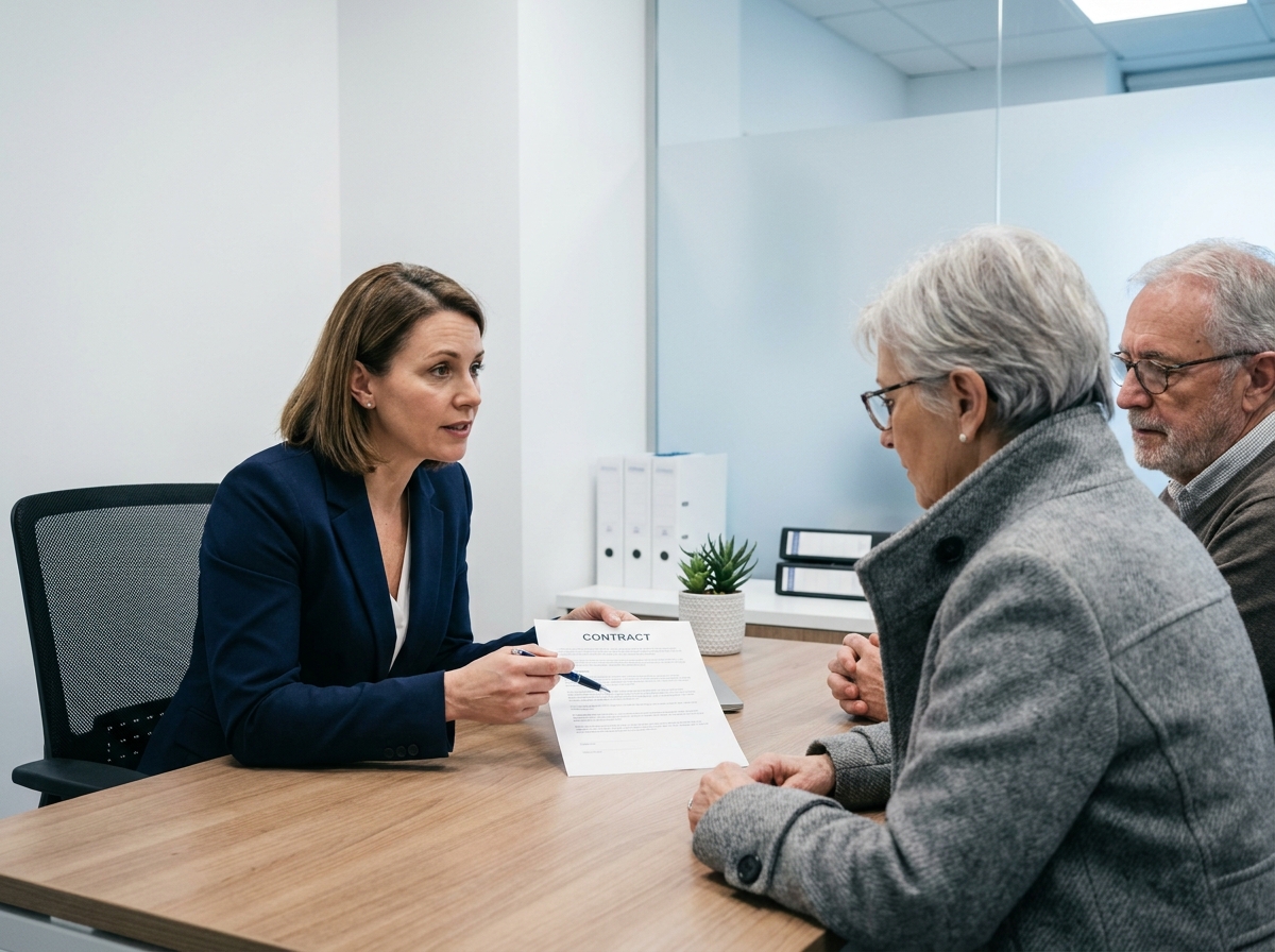 Conseillère en assurance présentant un contrat obsèques à un couple de seniors dans un bureau professionnel