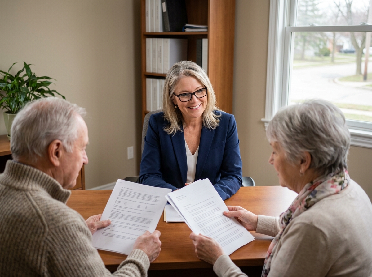 Conseillère en assurance expliquant un contrat obsèques à un couple de seniors dans un bureau professionnel