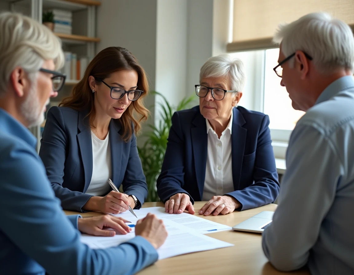 Une conseillère explique les clauses d'un contrat EHPAD à un couple de personnes âgées dans un bureau professionnel