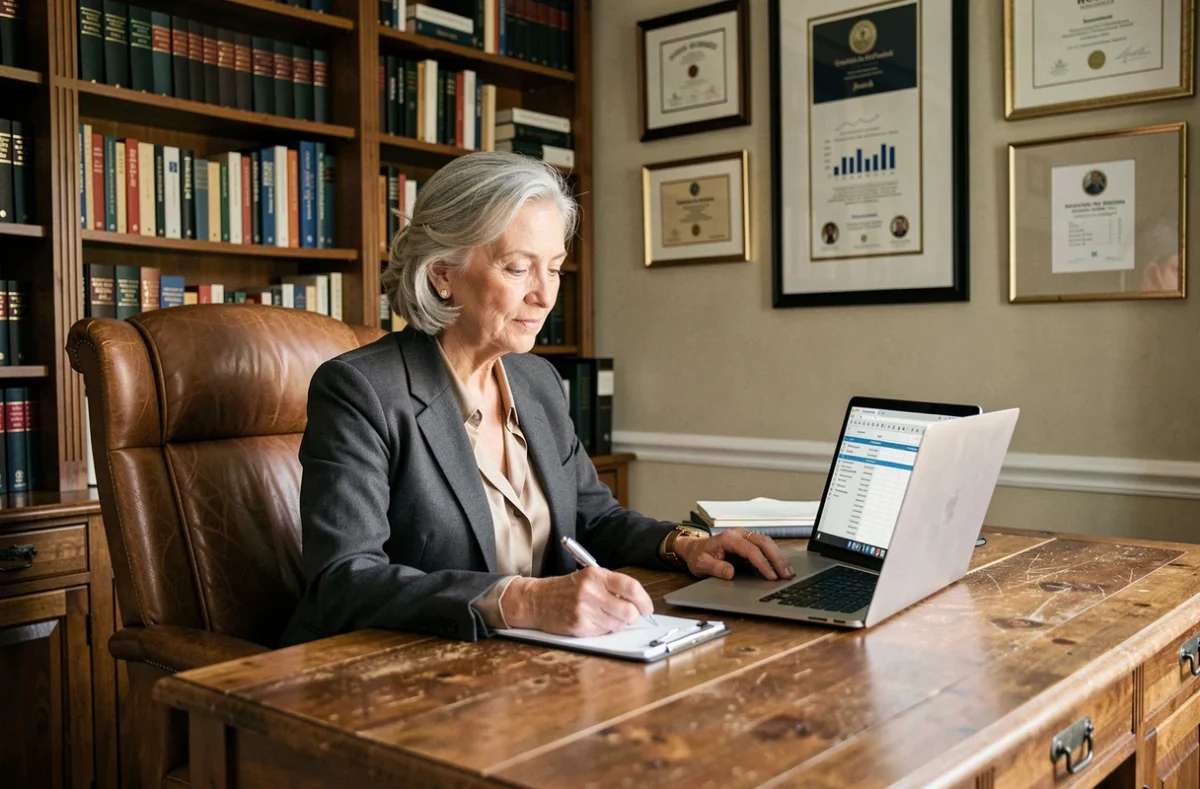 Consultante senior aux cheveux argentés travaillant sur une proposition d'honoraires dans un bureau privé professionnel avec bibliothèque et diplômes