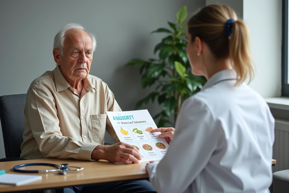 Homme âgé en consultation médicale discutant de son alimentation et du manque de potassium avec une médecin
