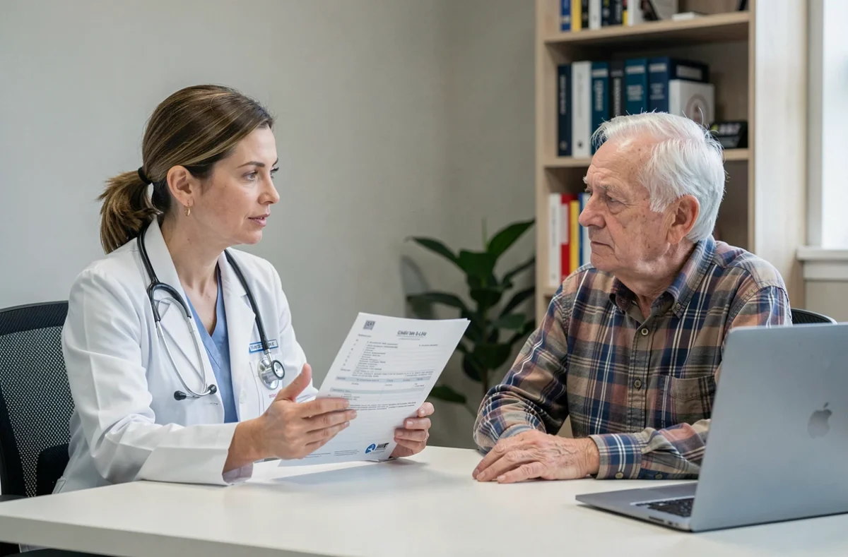 Médecin discutant avec un patient âgé lors d'une consultation médicale sur la sénilité, le déclin cognitif et les options de prévention