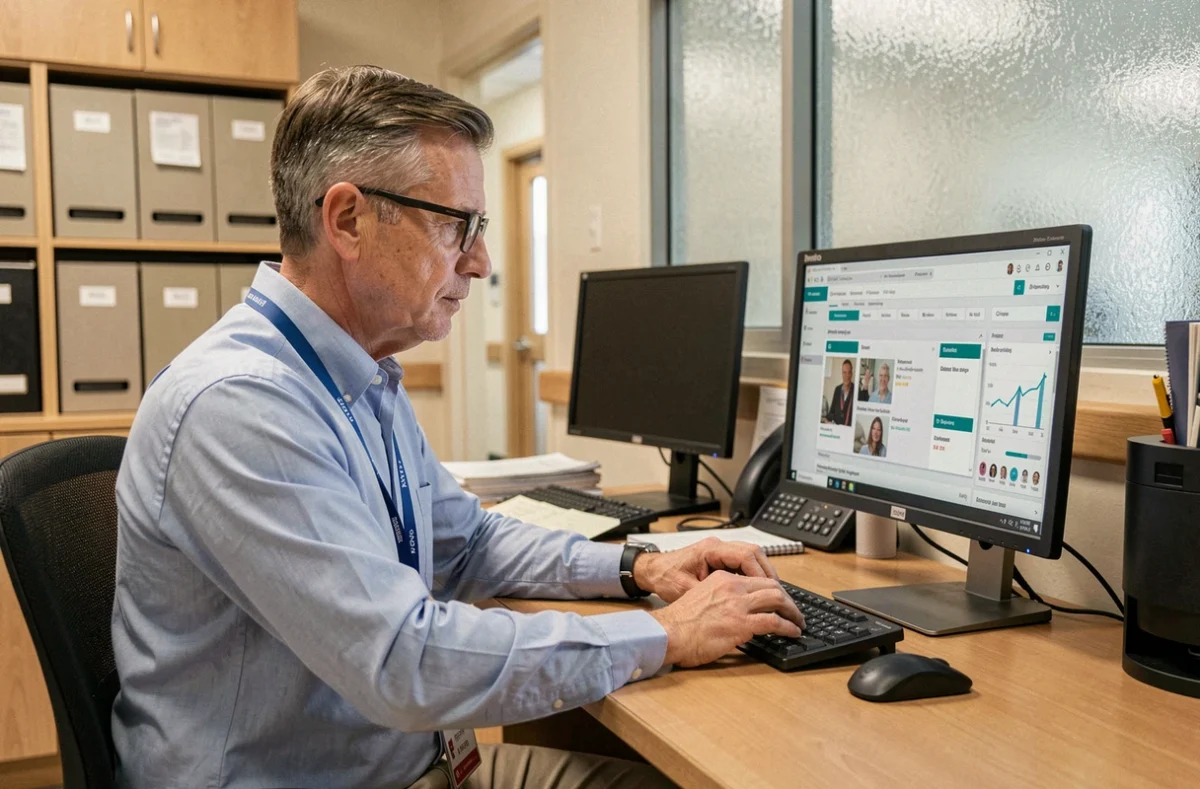 Coordinateur de soins consultant un logiciel de gestion des résidents sur ordinateur dans un bureau d'EHPAD