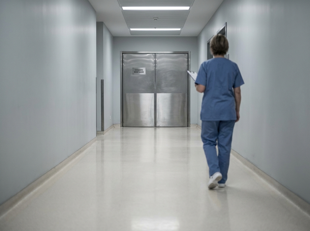 Couloir hospitalier menant à une chambre mortuaire avec portes en acier inoxydable et infirmière en blouse bleue marchant dans le couloir