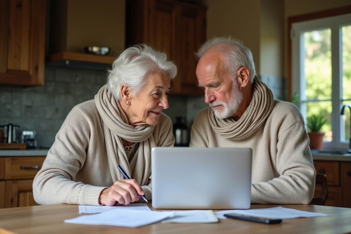 Couple retraité français discutant à la cuisine