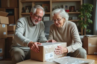 Couple de retraités en train de faire leurs cartons de déménagement dans leur salon