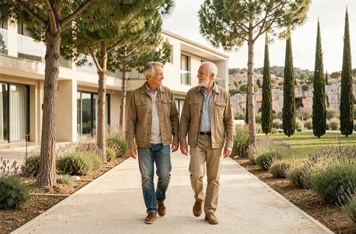 Couple de retraités se promenant devant une résidence senior moderne à Nîmes en Languedoc