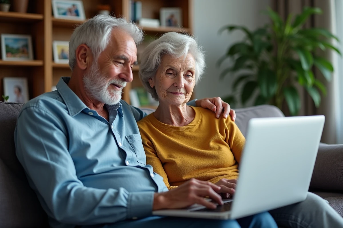 Couple de retraités consultant un site gouvernemental sur la réforme fiscale et la CSG dans leur salon
